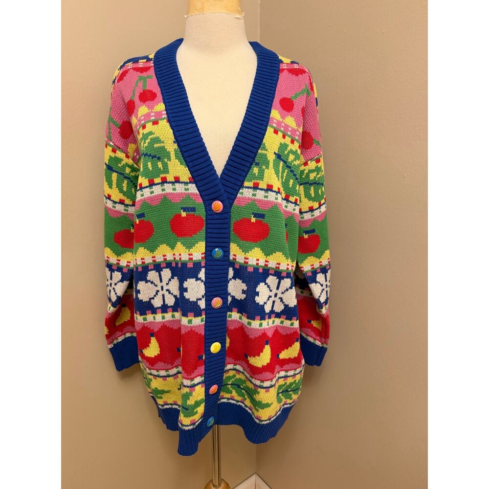 NWT FARM Rio Sweet Orchad Knit Cardigan Apples Bananas Colorful Sz S Oversized - Picture 2 of 10